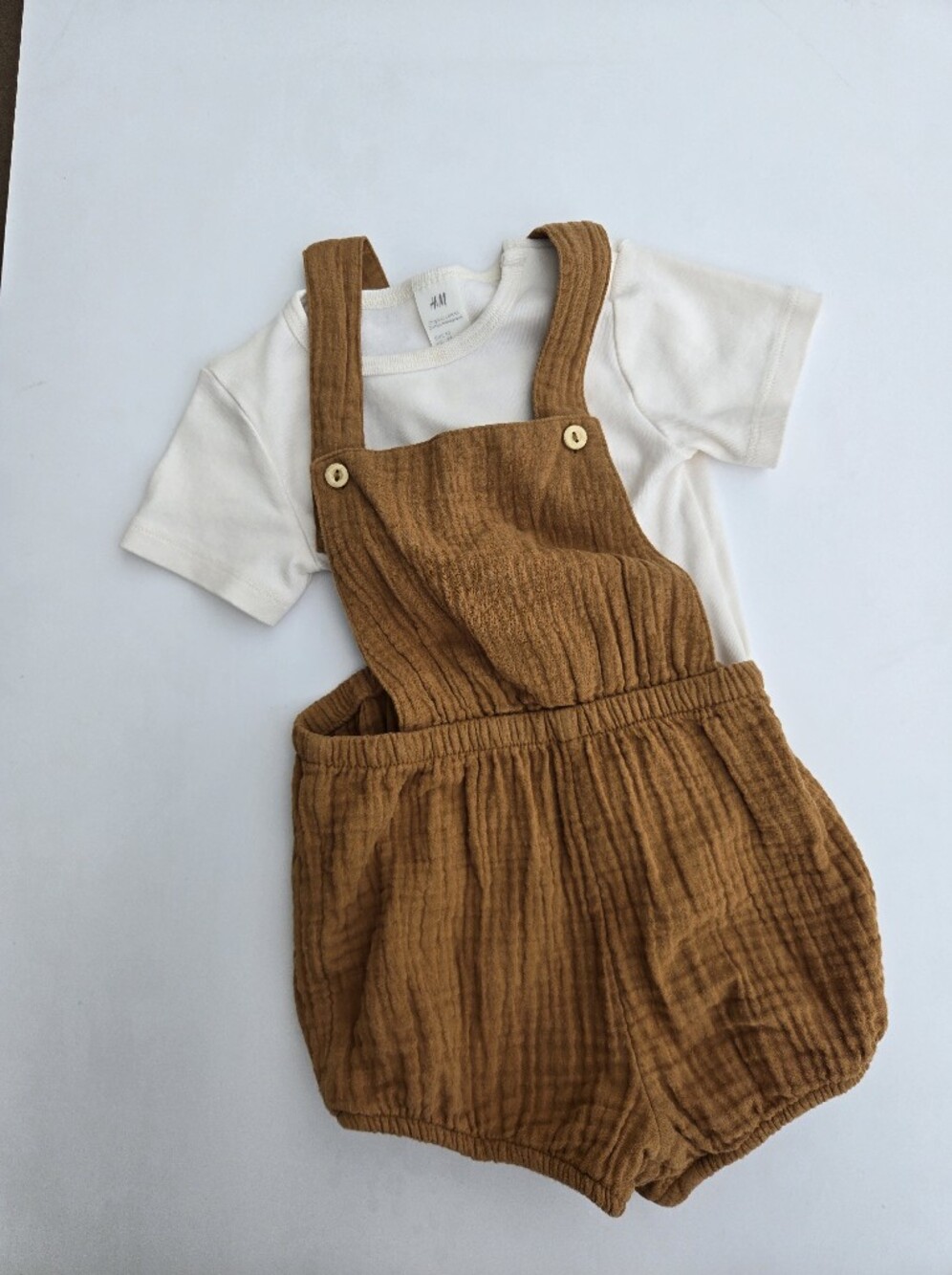 H&M Cream Tee with Brown Muslin Suspender Romper 2T